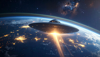 UFO spacecraft orbiting Earth planet at night with glowing lights