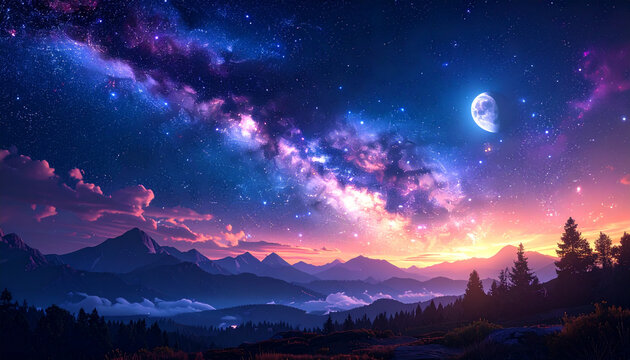 Vibrant Milky Way over Mountains with Moon and Sunset Glow
