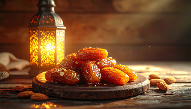 Sweet Ramadan Dates and Almonds with Glowing Lantern on Wood