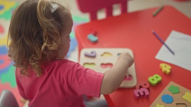 Girl places wooden puzzle piece with hand at preschool table matching colorful shapes and numbers; concentration learning.