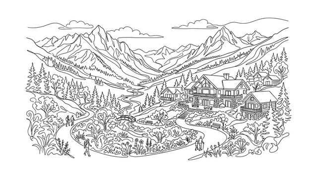 Black and white coloring page featuring a cozy mountain village with cabins and forest trails.