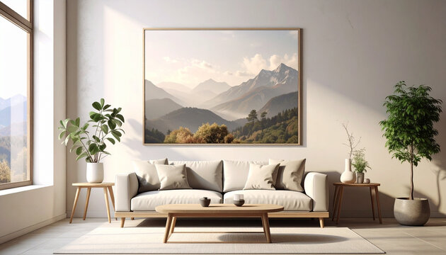 Modern Minimalist Living Room with Mountain Landscape Wall Art