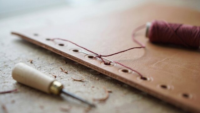 Leather sheet is stitched with red thread using a sharp metal awl during a traditional craft assembly process.