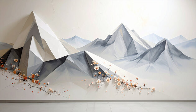 Modern Geometric Mountain Wall Mural with Floral Branch Accents