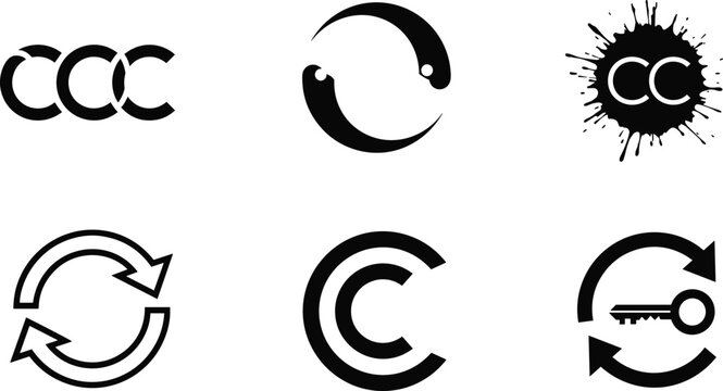 Abstract letter C logo design templates set featuring circular arrows key icon and ink splatter monograms for corporate brand identity marketing