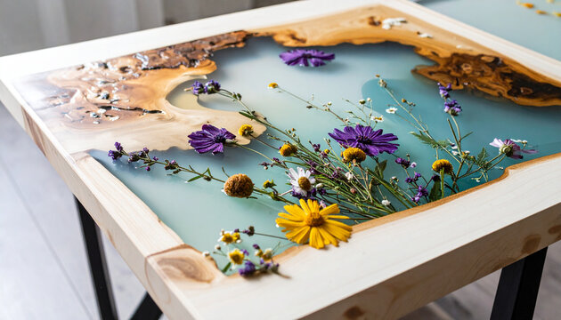Artistic Wood Resin River Table with Embedded Wildflowers