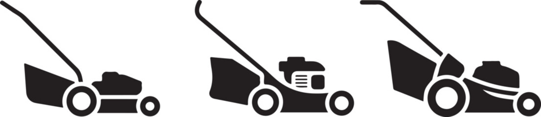Fototapeta premium Set of lawn mower icons showing different garden equipment for grass cutting and yard maintenance.