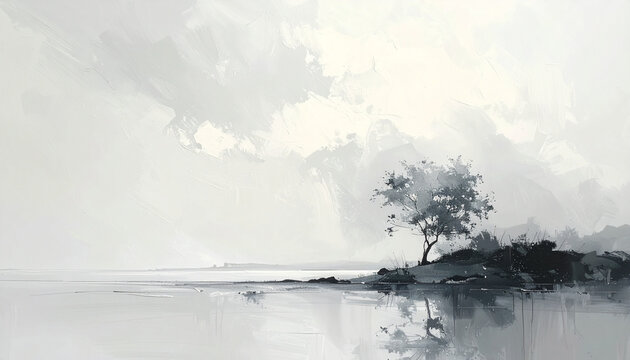 Minimalist Grayscale Oil Painting of Lone Tree by Calm Water