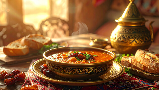 Traditional Ramadan Iftar Table with Steaming Soup and Dates
