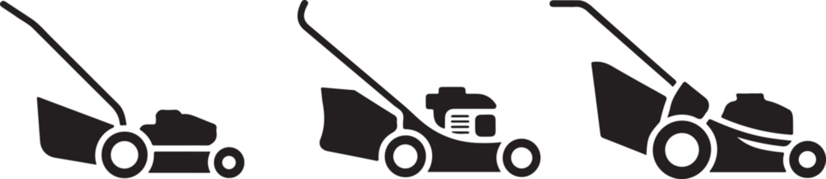 Set of lawn mower icons showing different garden equipment for grass cutting and yard maintenance.