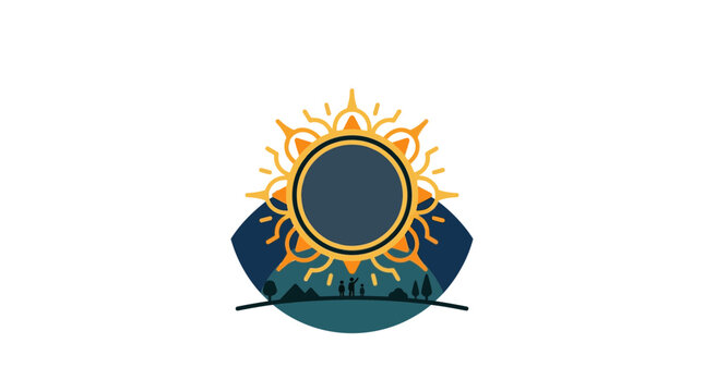 Illustration of Solar Eclipse Over Mountain Landscape with Silhouettes