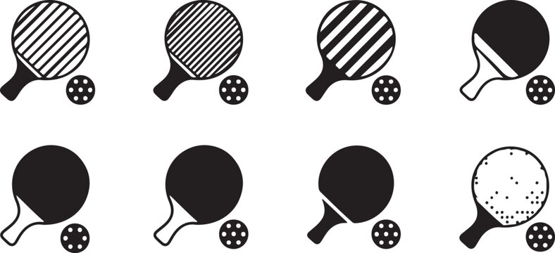 Table tennis rackets with balls icons set featuring various textures patterns and grips for sport equipment collection on grey grid.