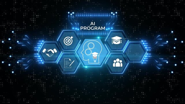 Ai program interacting with icons animated . displays the concept of data and artificial intelligence. The robot's arms are used by a laptop, the screen of which is filled with data visualization.