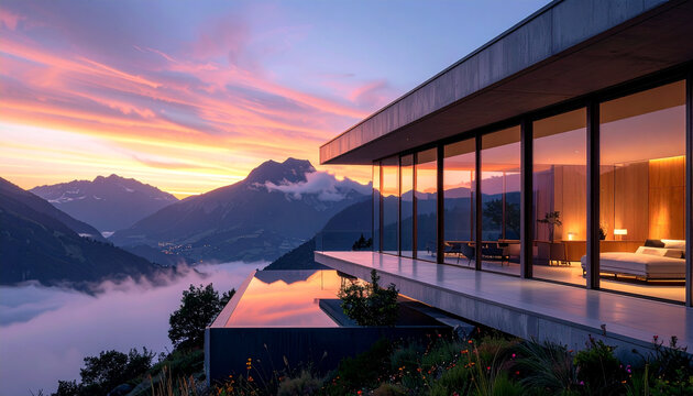 Modern luxury villa with infinity pool overlooking mountain sunset