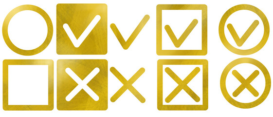 Golden checkmark and cross icon set with metallic texture. Valid and invalid check box symbols isolated on white background. Tick and X marks for UI or UX design, vote, test choice, and survey. © muhtadi