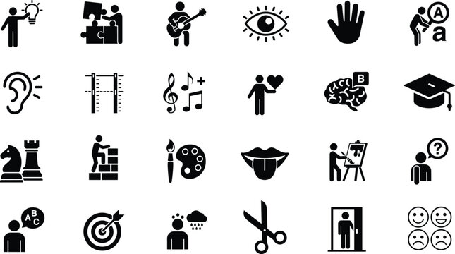 Child development human senses and education black solid glyph icon set featuring flat vector symbols for learning intelligence and psychology