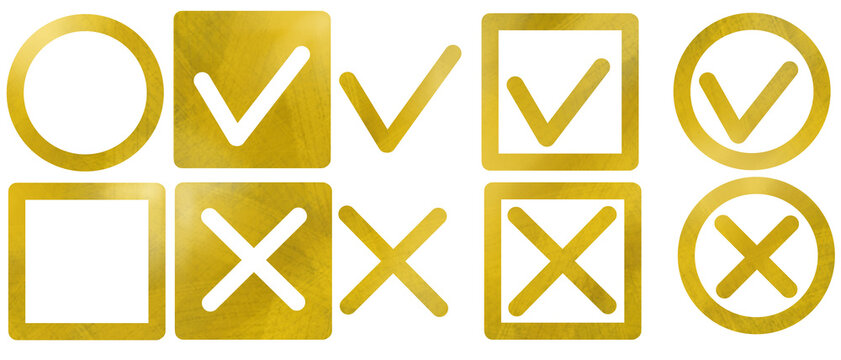 Golden checkmark and cross icon set with metallic texture. Valid and invalid check box symbols isolated on white background. Tick and X marks for UI or UX design, vote, test choice, and survey.
