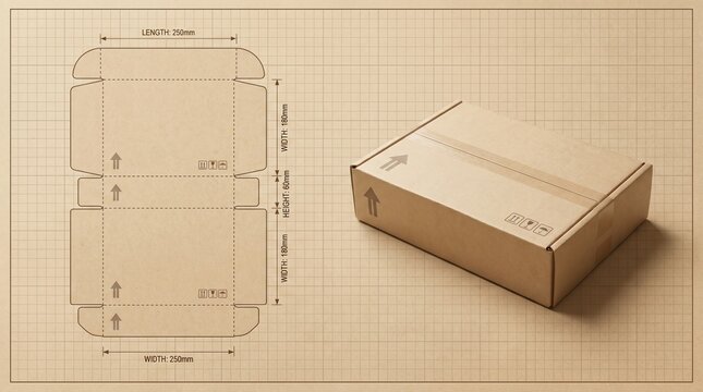 Cardboard box packaging design blueprint and finished mockup