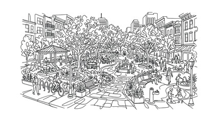 Fototapeta premium Black and white line drawing of a bustling city public park.