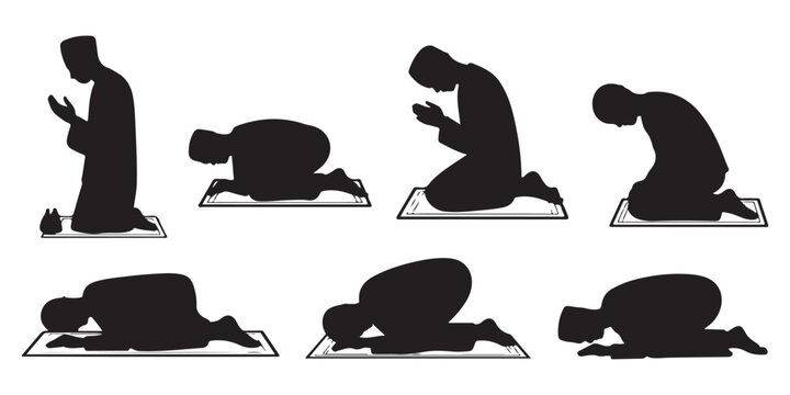 Muslim men praying at different stages of salah ritual, depicting islamic worship positions on prayer mats.