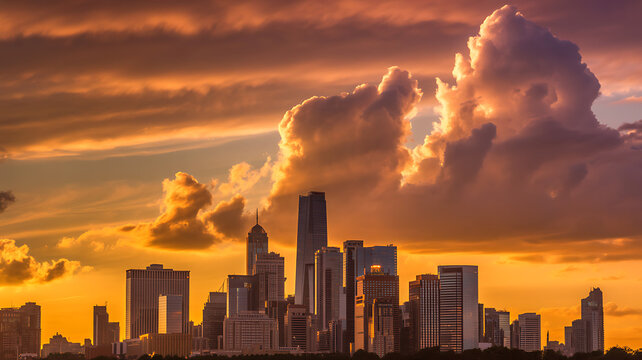 City skyline at sunset, with tall buildings and large cumulus clouds skyscrapers