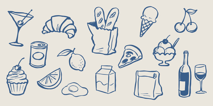 Food and Drinks Doodle Set Vector Illustration