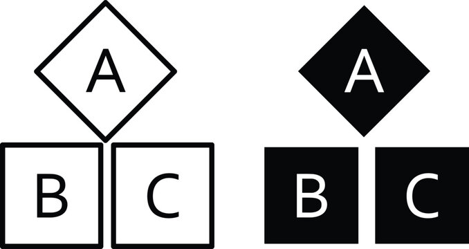 Educational ABC alphabet building blocks set featuring line art and solid black glyph vector icons for kids learning design