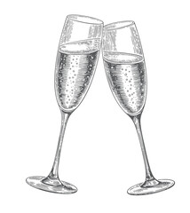 Vintage champagne flutes with sparkling wine engraving illustration isolated on white background © Sadhana