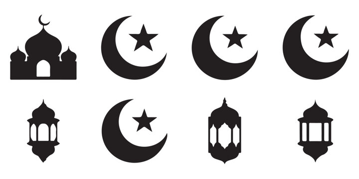 Islamic symbols mosque crescent moon star lantern isolated on white background.