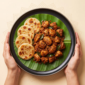 Parotta with Aattu Moolai Roast Served on Banana Leaf in Black Plate, Traditional Tamil Nadu South Indian Goat Brain Dish