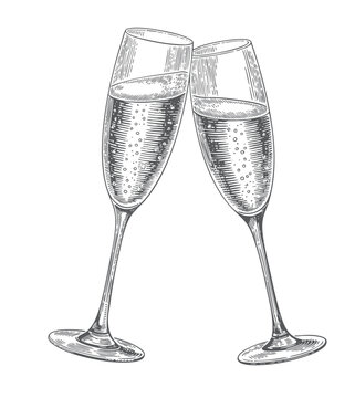 Vintage champagne flutes with sparkling wine engraving illustration isolated on white background