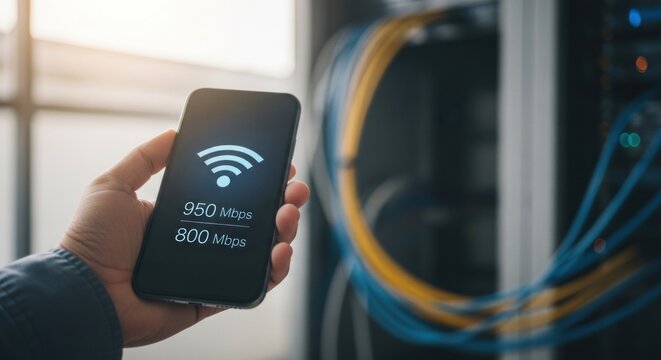 A person's hand holding a smartphone with a Wi-Fi signal icon, displaying speeds of 950 Mbps and 800 Mbps, in front of a server rack with cables.