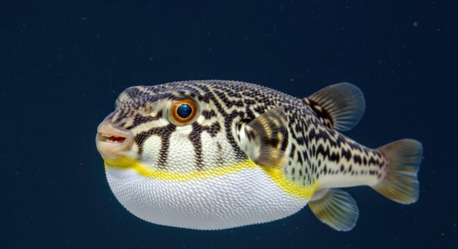 A pufferfish swimming in the ocean with a dark blue background.