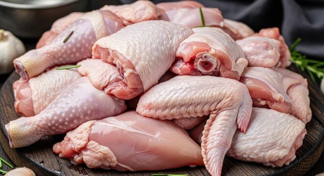 A pile of raw chicken wings on a wooden cutting board with a dark background.