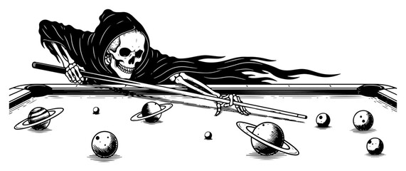 Grim Reaper playing billiards with planets on pool table in dark engraving style © Wera