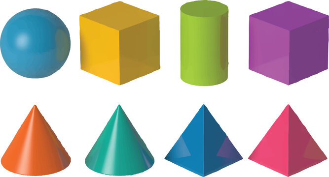 Set of isolated three dimensional basic geometric shapes featuring sphere cube cylinder cone square pyramid on white background.