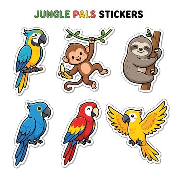 Cute cartoon jungle animal stickers featuring colorful parrots a happy monkey and a sleepy sloth