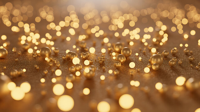 Golden bubbles on water surface, sparkling droplets
