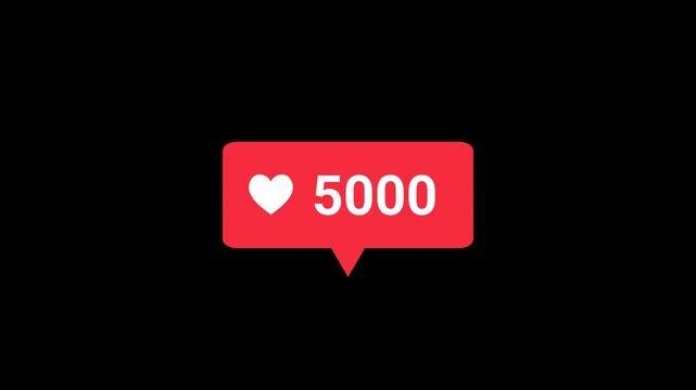 Red social media heart like counter notification animation on transparent background. Alpha channel included