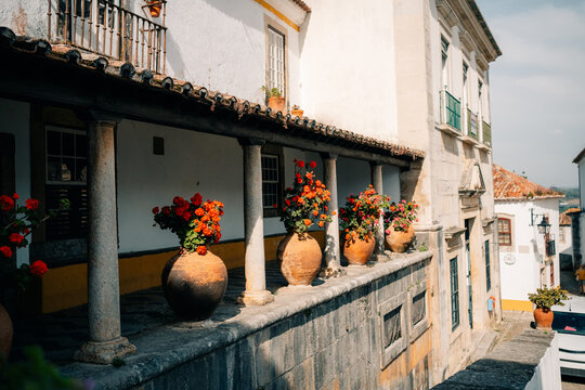 Colorful Flower Pots on a Balcony in a Historic Town in Obidos