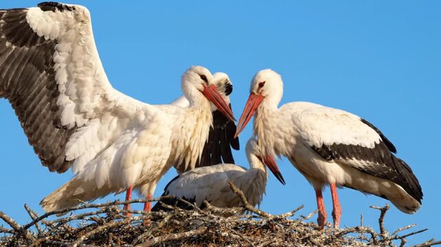 Three white storks standing on a nest with one spreading its wings under a clear blue sky on a sunny day outdoors