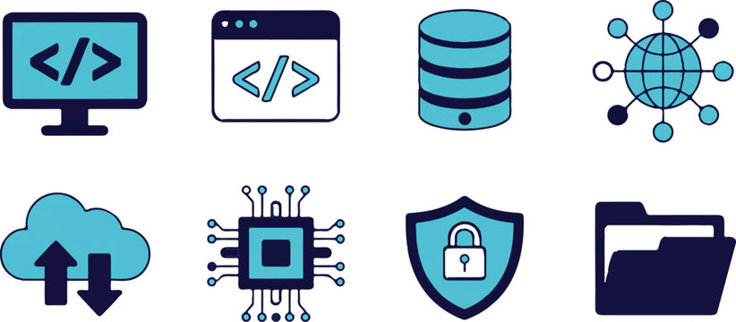 Collection of software development and technology icons showing programming language symbols data server cloud computing.