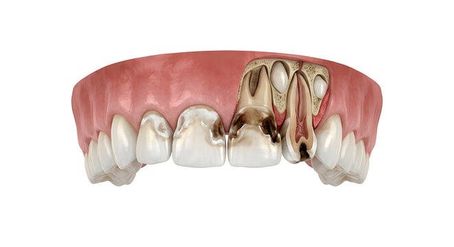 Detailed 3D Render of Early Childhood Nursing Bottle Caries and Dental Anatomy, suitable for science education, isolated on white background.