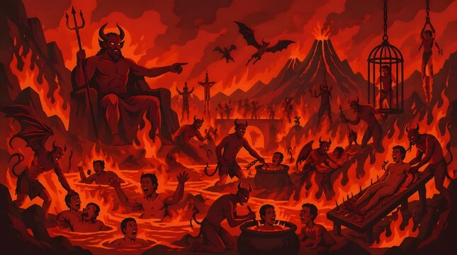 Fiery Hellscape Demons City Lava Lake Surrounded by Flames