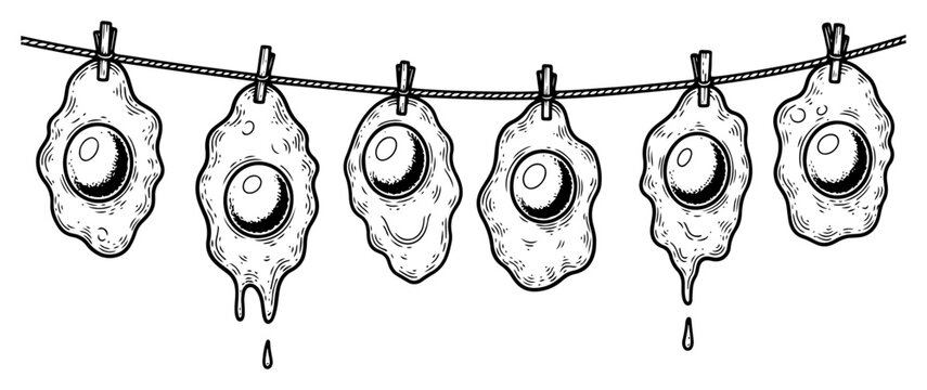 Fried eggs hanging on clothesline with pins in quirky surreal ink style