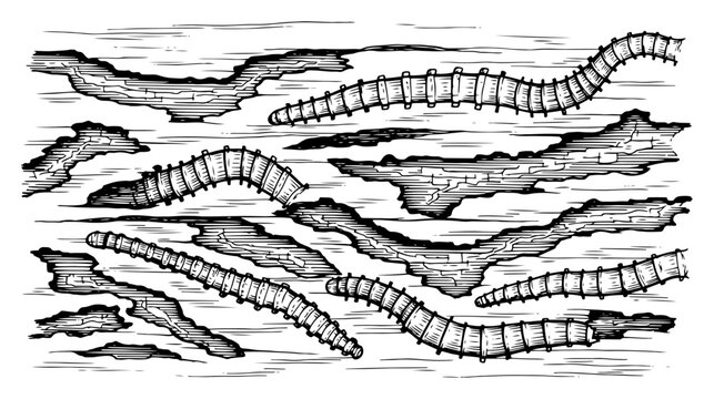 Worms or larvae crawling through underground soil layers vintage engraving style