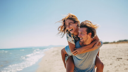Couple in love enjoying summer by the sea. A joyful young woman piggybacking on her boyfriend, laughing and having fun. Romantic beach date, sun, ocean breeze, and genuine happines © Sergio IQstock