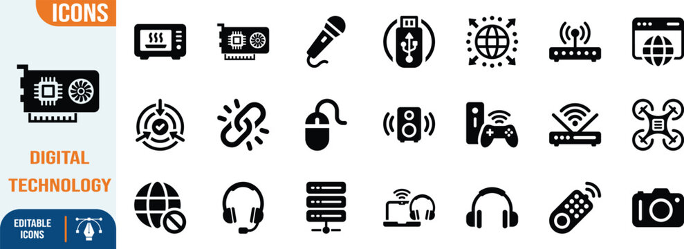 Modern technology devices digital network icons. headphones icon set, mouse icon set, camera icon set