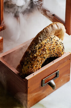 Bagels in wooden box