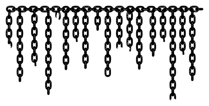 Metal chains hanging vertically with broken links in graphic ink style